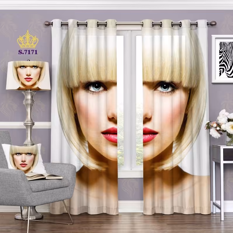 پرده اتاق خواب دخترانه دو قواره طرح چهره کد S7171