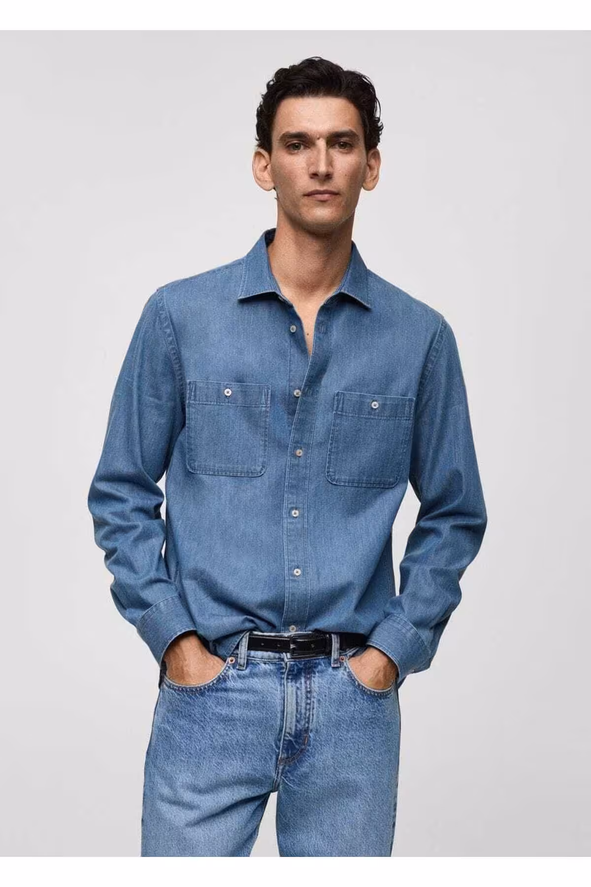 پیراهن / بلوز دکمه دار آبی مردانه جیب به طور منظم MANGO Man