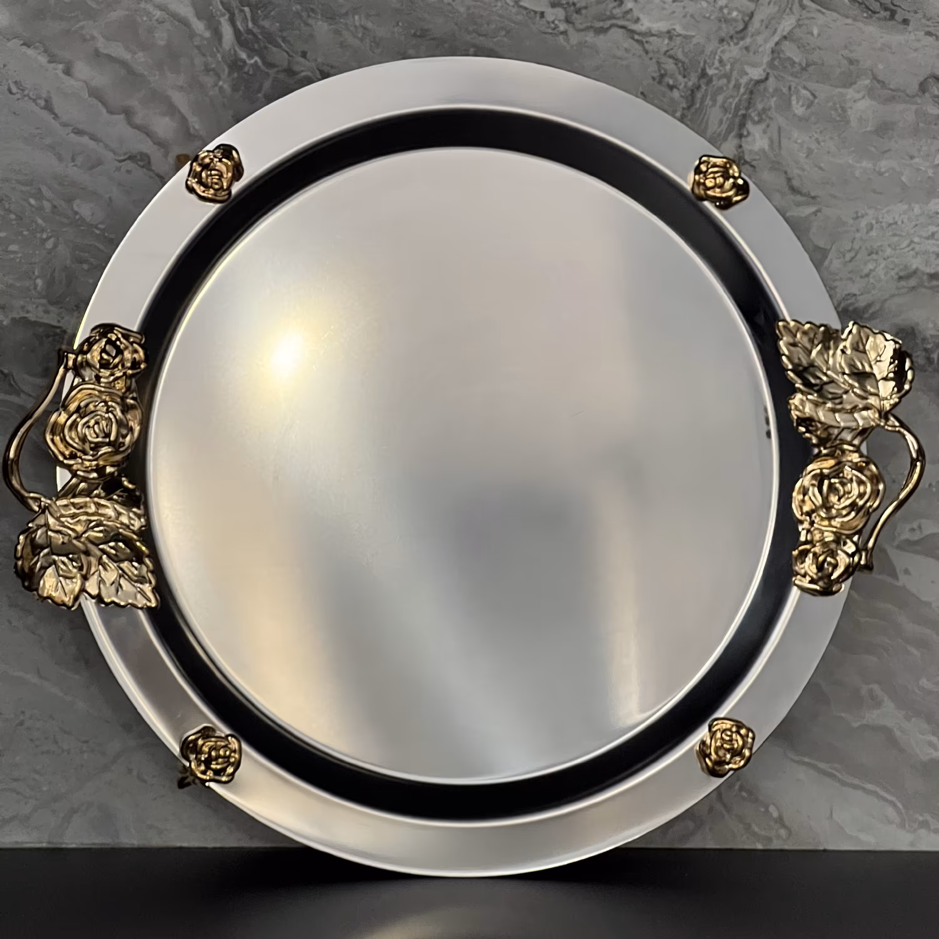 سینی استیل مینیاتور  مدل دسته طلایی دایره  شکل پایه دار  