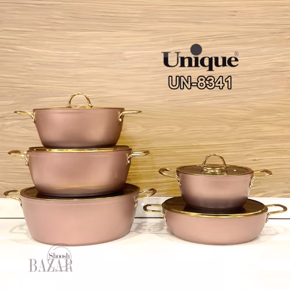 سرویس قابلمه 10 پارچه رزگلد درب فلت طلایی یونیک کد 8341