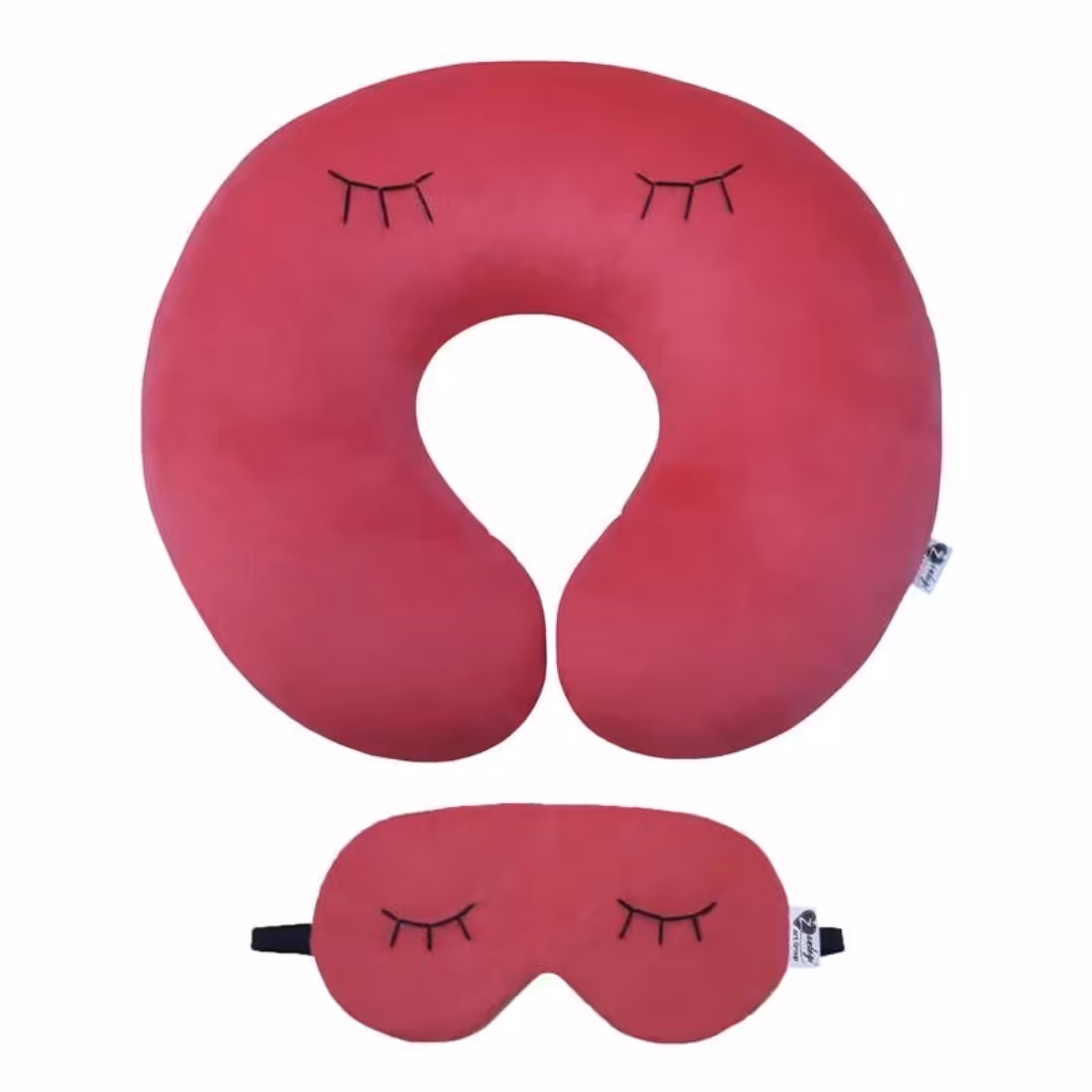 ست بالش دور گردنی و چشمبند سرخابی ، طرح مژه 