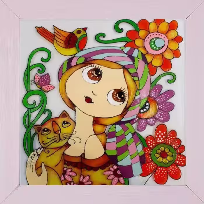 تابلو نقاشی ویترای دختر و گربه
