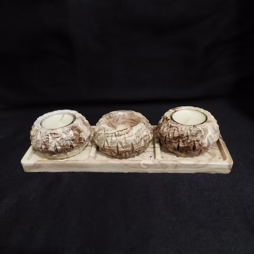  جا شمعی و جا عودی سنگ مصنوعی چهار تیکه (دو عدد جا شمعی  یک عدد جا عودی و یک عدد سینی) قهوه ای رگه دار