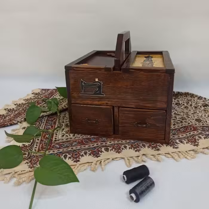 جعبه خیاطی چوبی  دستساز کشودار جعبه نخ و سوزن چوبی کشودار-جعبه چوبی جای لوازم خیاطی-فایل کشویی چوبی جای لوازم خیاطی
