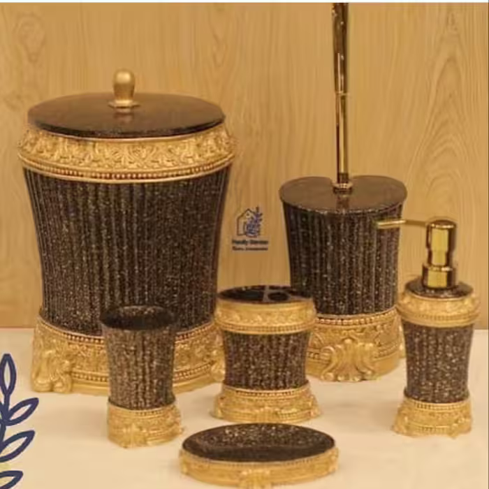 ست سرویس بهداشتی الیزا برند آذین ست- رنگ مشکی طرح سنگ طلایی - جنس رزین درجه یک با ضمانت آذین ست 