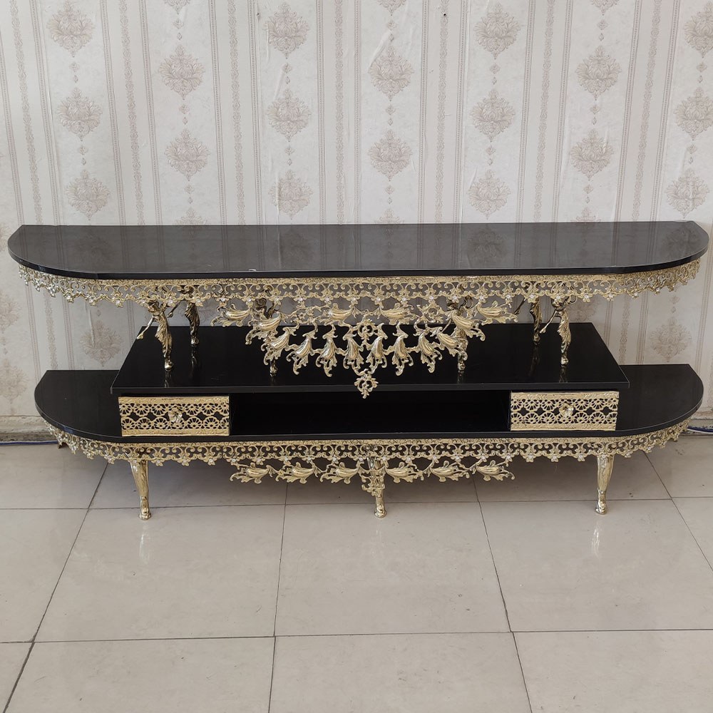 میز تلویزیون برنز مدل گل نقلی خم صفحه هایگلاس مشکی برنزی برنجی طول 180  کد 9203