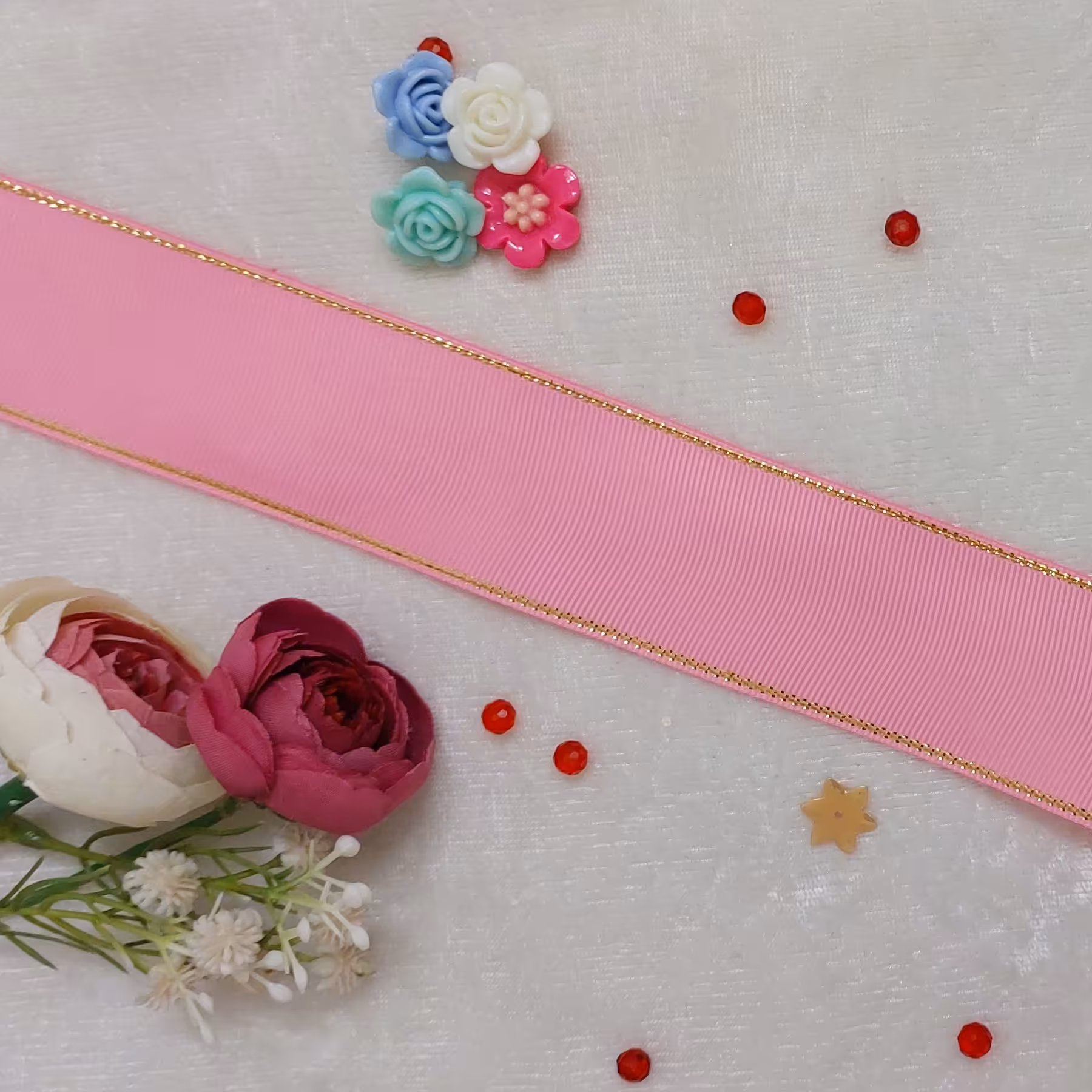 ربان گروگن لبه زری لبه طلایی چهار سانت صورتی یک متر ربان گروگن متری