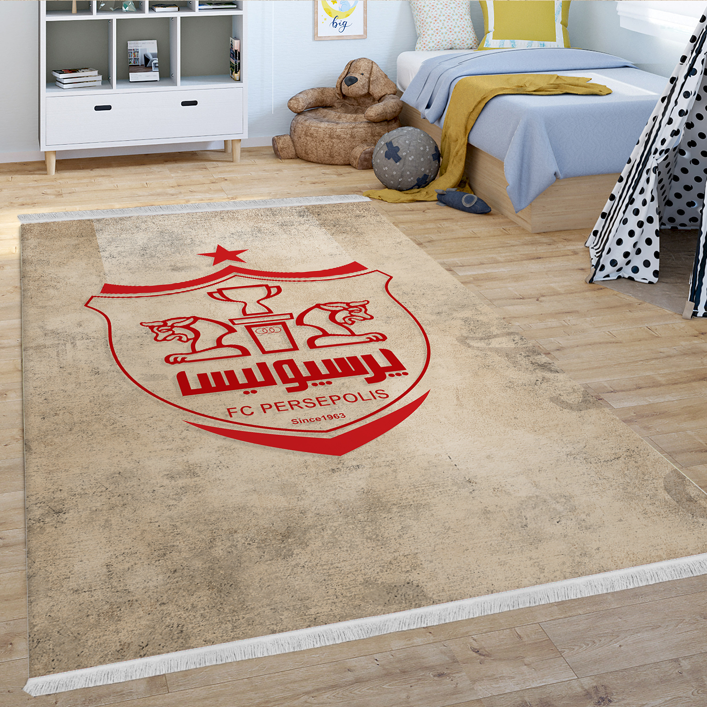 فرش چاپی فانتزی طرح باشگاه پرسپولیس زمینه پتینه کرمی WAs-2032