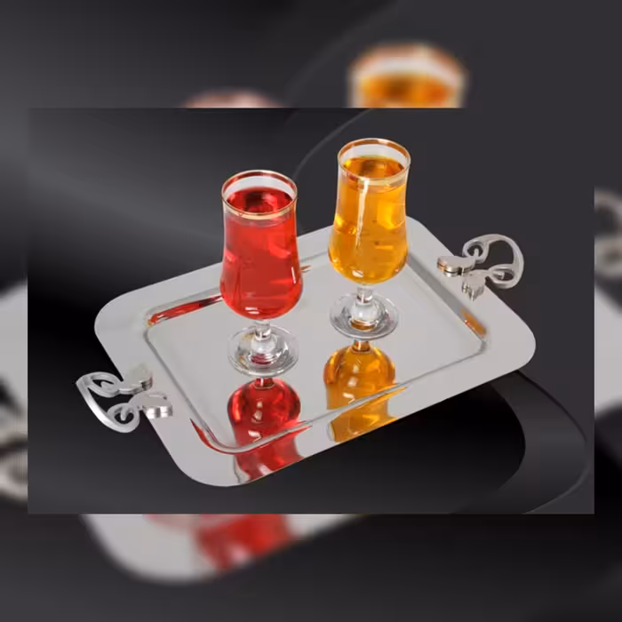 سینی پذیرایی استیل طرح دسته حلقه ای بدون پایه کوچک (نقره ای)