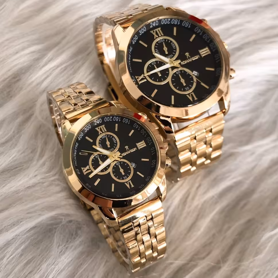 ست ساعت زنانه ومردانه رومانسون بند استیل طلایی