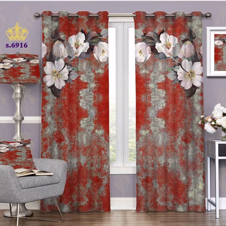 پرده پانچ پذیرایی دو قواره پانچ گلدار طرح شکوفه گل سیب زمینه ابر و باد کد s-6916