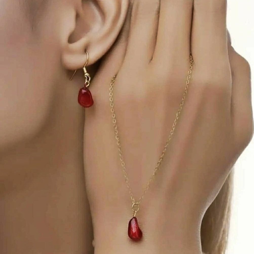 ست دونه انار  با زنجیر استیل ( گوشواره / گردنبند / دستبند / اکسسوری / زیورآلات / بدلیجات / اناری / دونه انار / یلدایی )