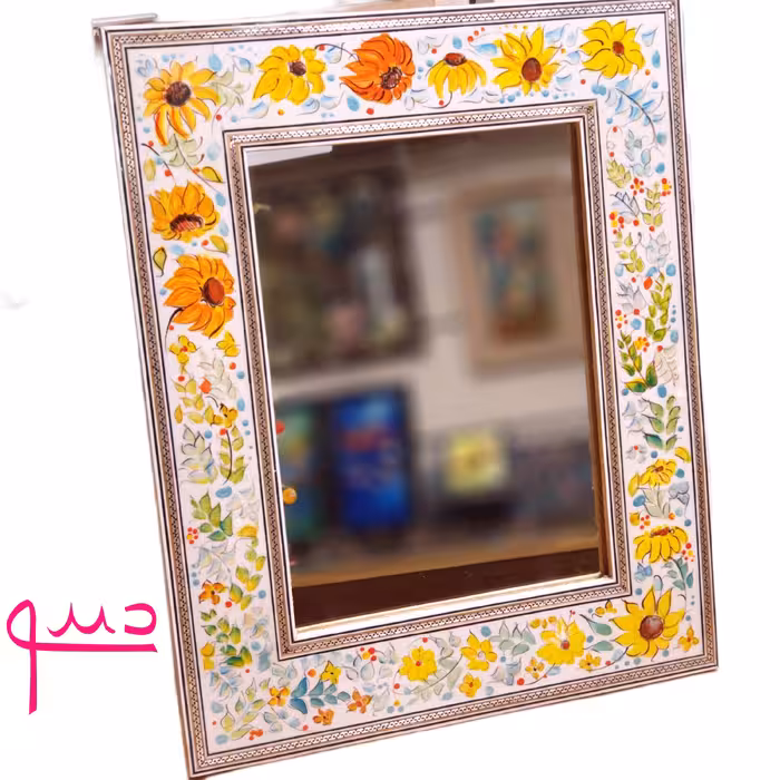 آینه ی مینیانور آبرنگ تلفیقی
 درجه یک هنری  ظریف با حاشیه خاتم کاری