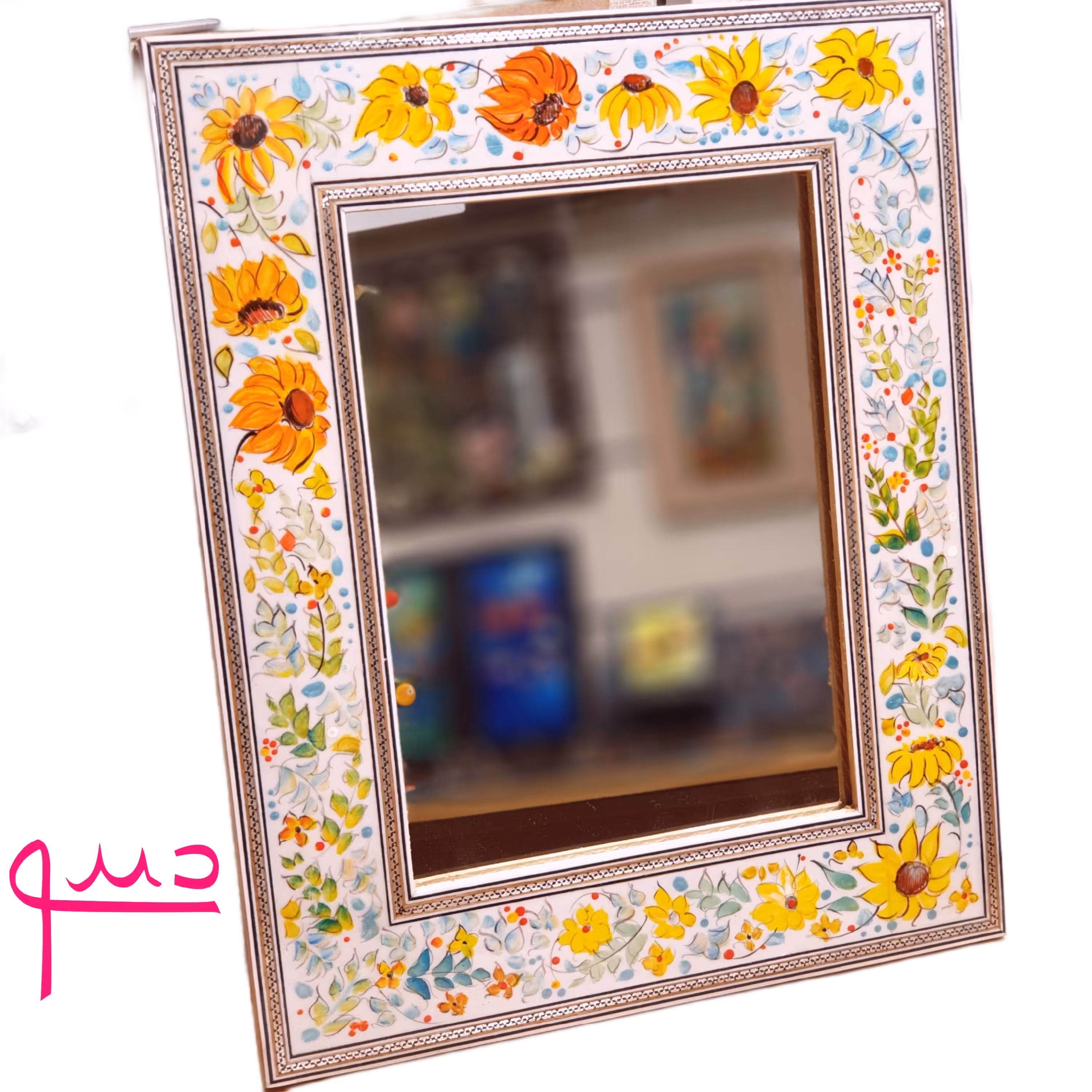 آینه ی مینیانور آبرنگ تلفیقی
 درجه یک هنری  ظریف با حاشیه خاتم کاری