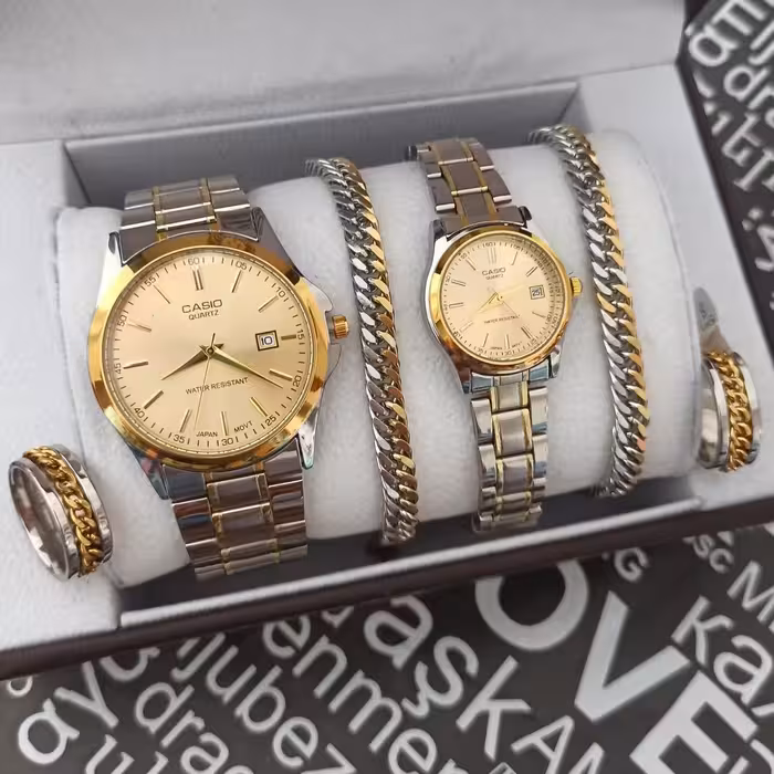 ست ساعت کاسیو زنونه مردونه دو رنگ با دستبند و انگشتر  رنگ ثابت 