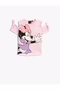 تی شرت صورتی زنانه نخی با جزئیات شانه دارای مجوز Minnie Mouse Koton