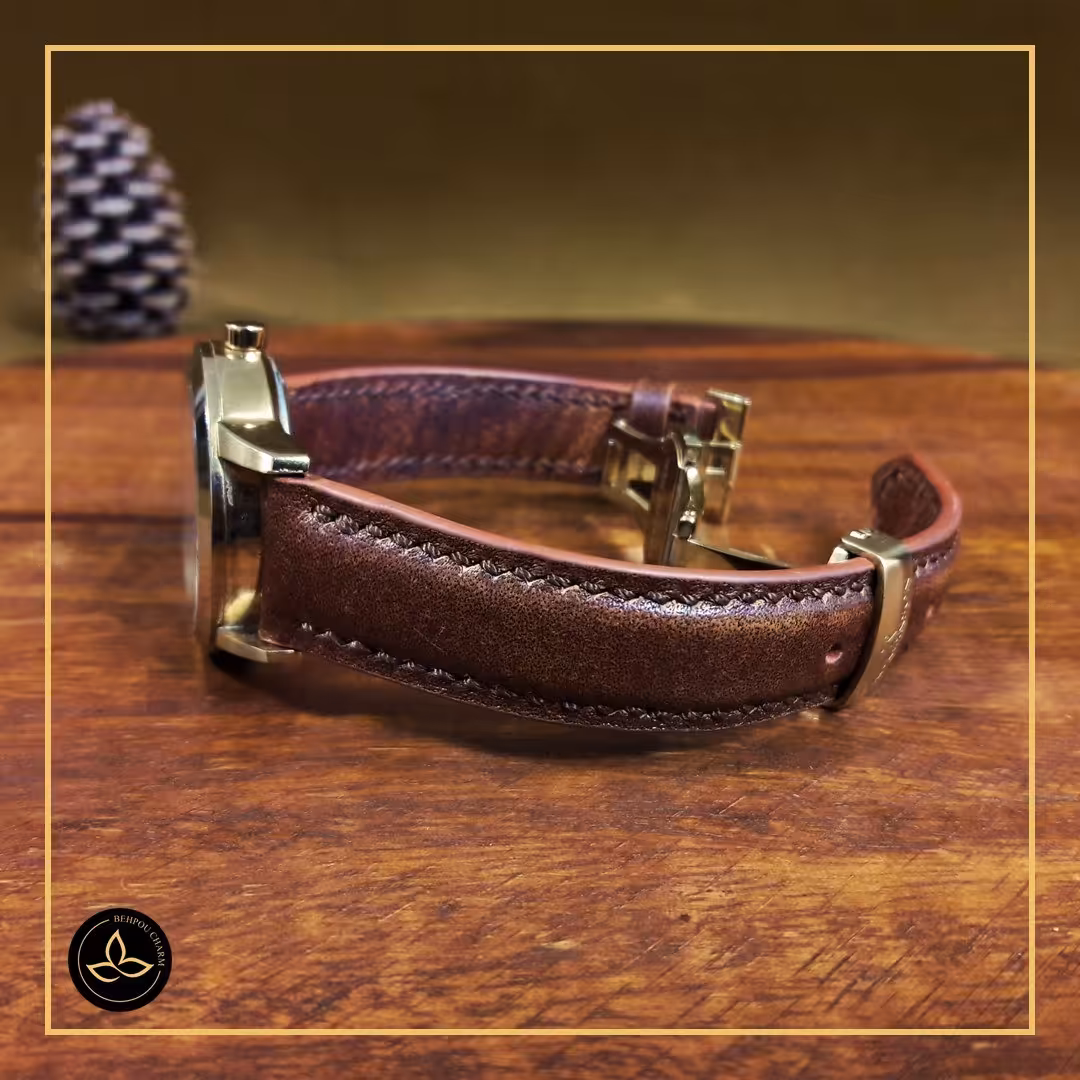 بند ساعت چرم طبیعی گاوی دست دوز - رنگ قهوه ای طرح ساده