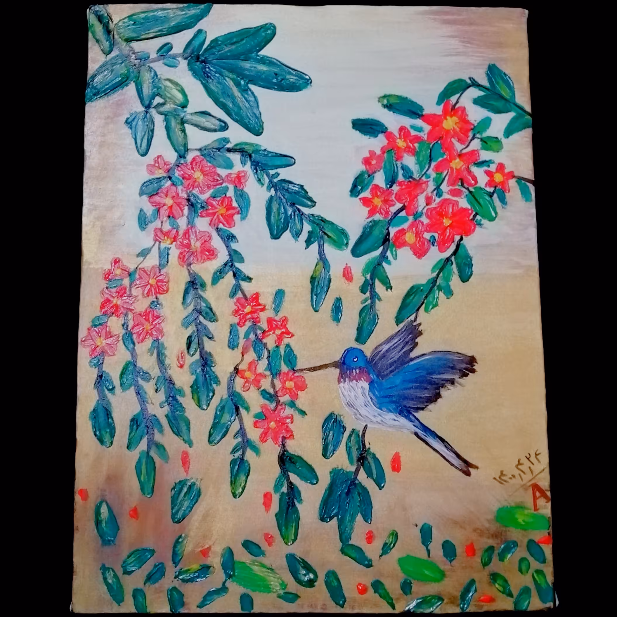 نقاشی روی بوم.با رنگ ضد آب.رنگ اکریلیک.کار شده با خمیر تکسچر.با طرح گل و پرنده
