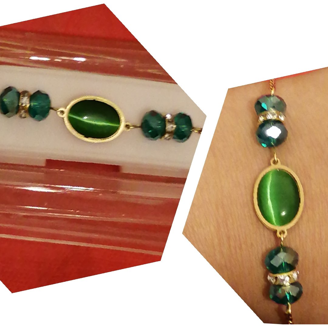 دستبند استیل با نگین سبز چشم گربه