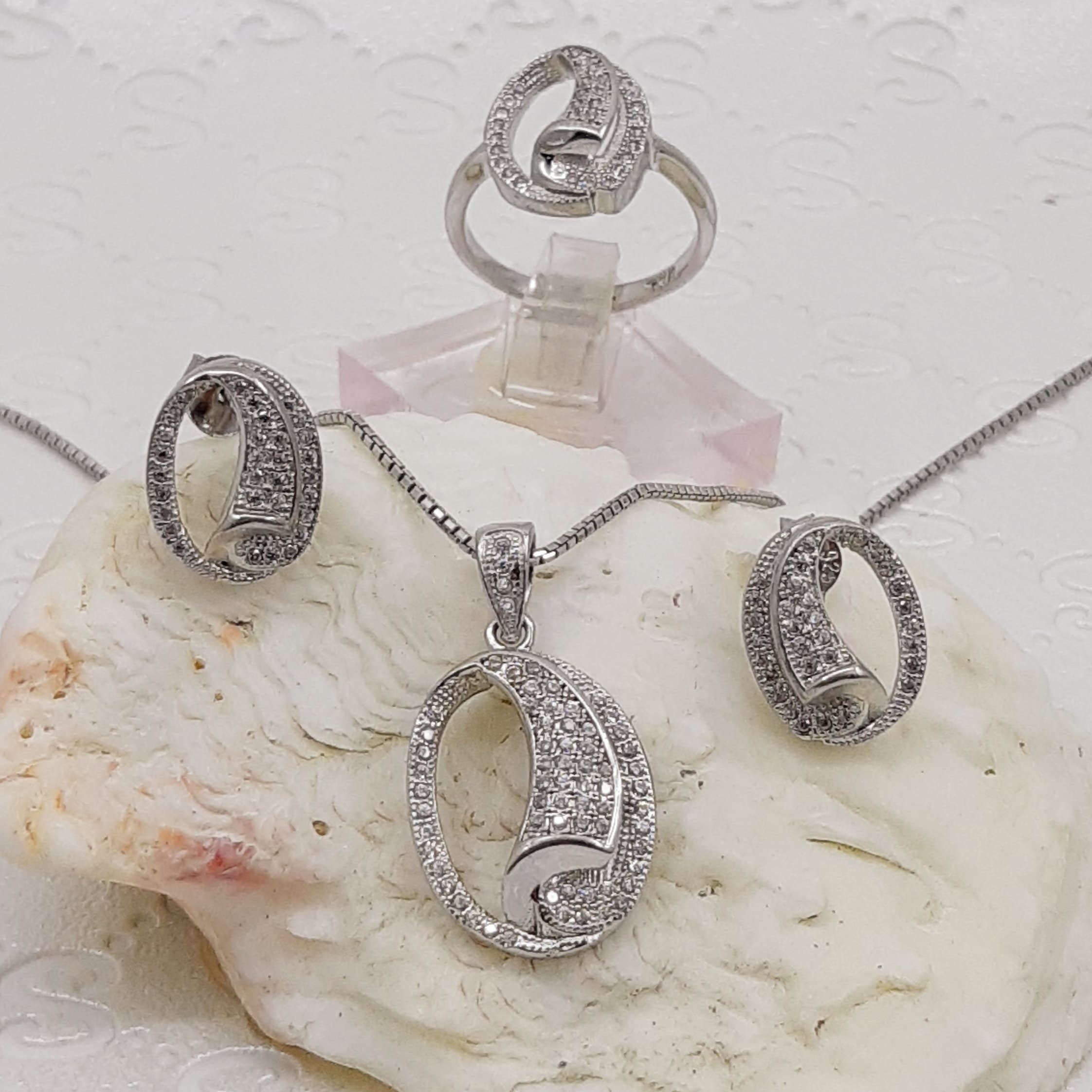 نیم ست نقره خارجی میکروستینگ با آبکاری طلا سفید'