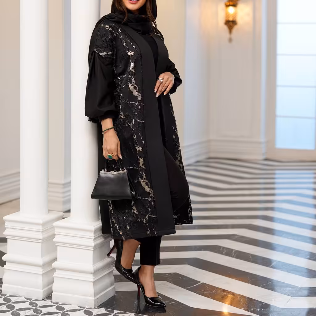 مانتو مجلسی کرپ مازراتی و خرجکار ژاکارد لمه از 38 تا 50 قد 110