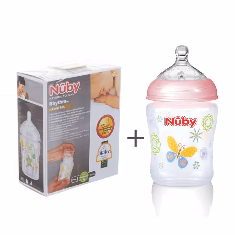 شیشه شیر صورتی  180 میل با طلق پلاستیکی سفری nuby 92466