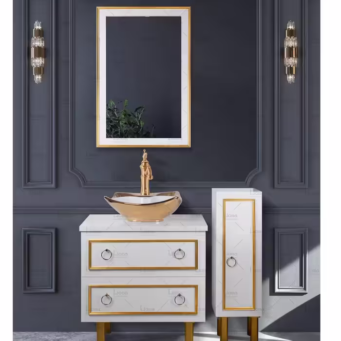 روشویی کابینت سیسیلی طلایی ساده زوار طلایی سفید به همراه آیینه و باکس 