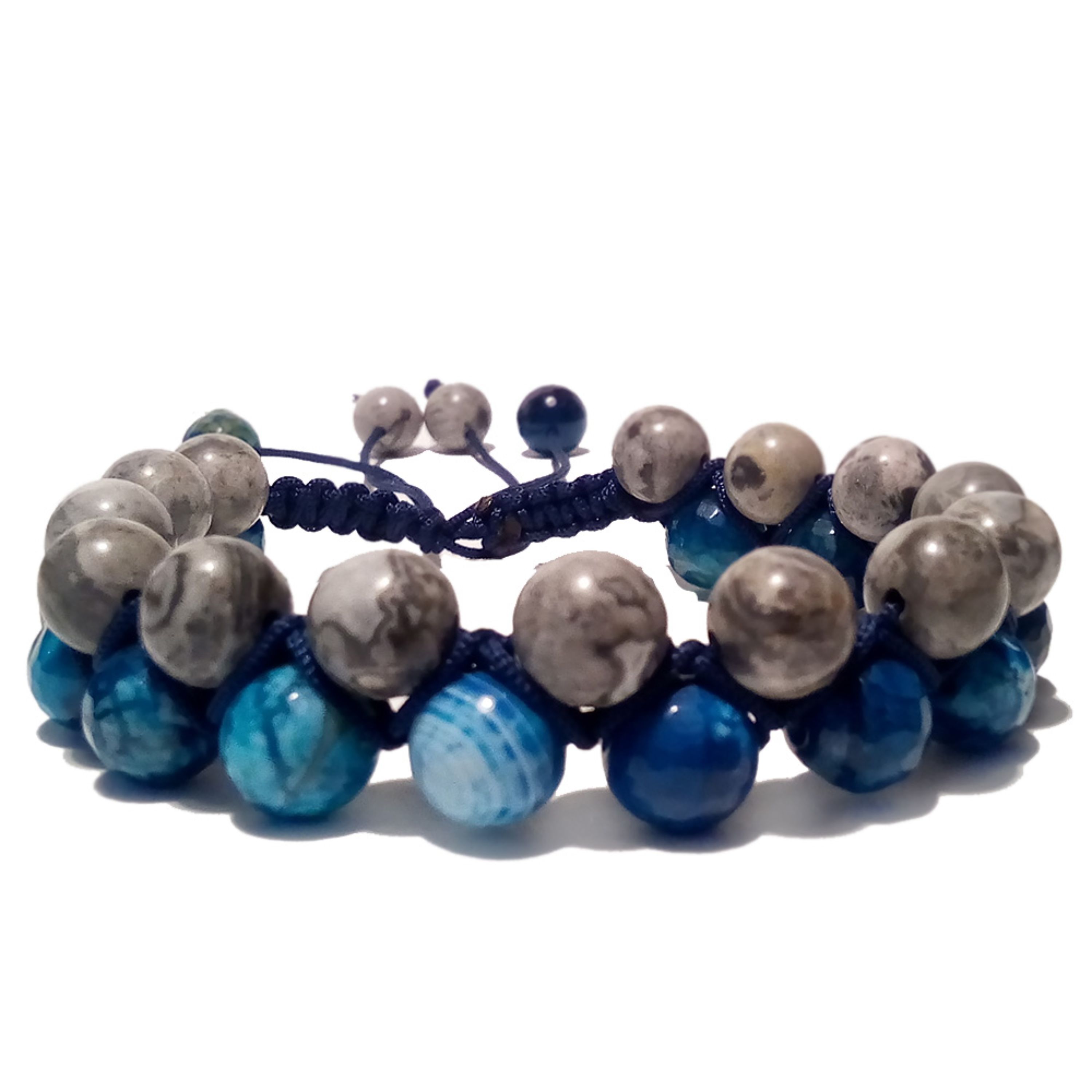 دستبند کشویی دو ردیفه جاسپر  نقشه ای و عقیق  آبی