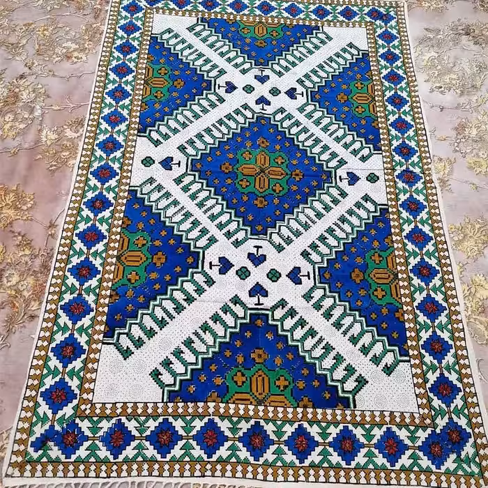 سفره،رومیزی قلمکارصادراتی سایز100در150 ابی طرح گلیم پنبه کتان اعلا بدون ابرفت وتغییررنگ