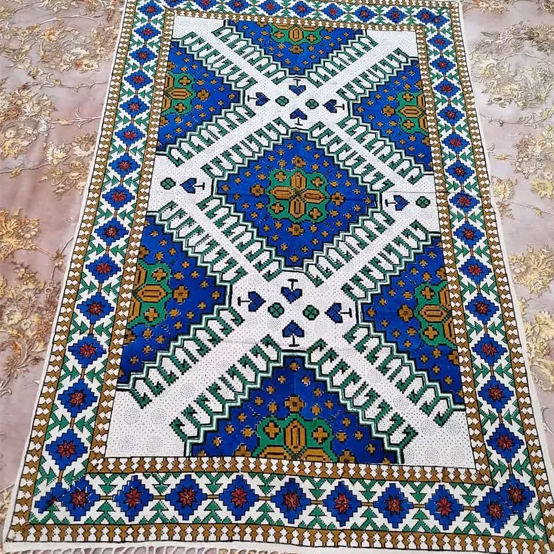 سفره،رومیزی قلمکارصادراتی سایز100در150 ابی طرح گلیم پنبه کتان اعلا بدون ابرفت وتغییررنگ