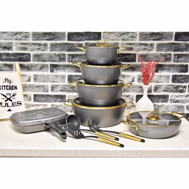 سرویس قابلمه چدن گرانیتی15 پارچه رنگ طوسی برند کی زد پی.KZP