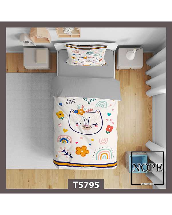 سرویس لحاف روتختی کودک یک نفره 5 تکه نوپه هوم Nopehome طرح گربه و رنگین کمان کد T5795