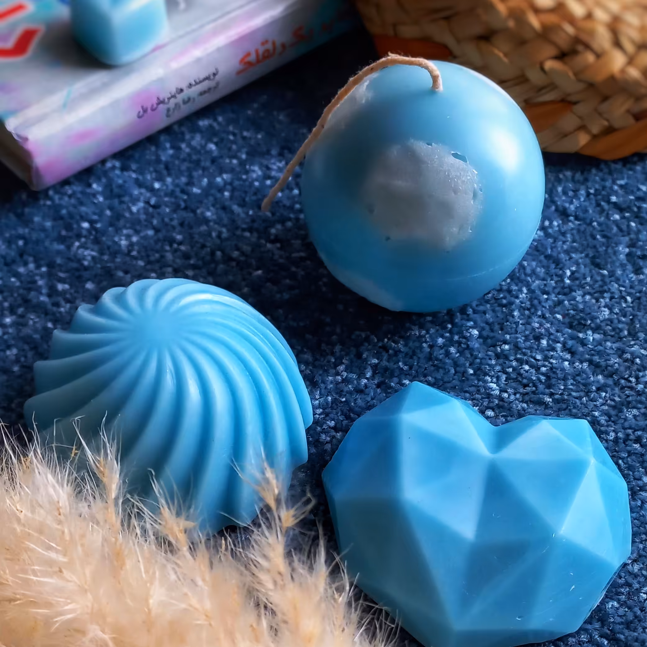 ست سه عددی شمع رنگ آبی(قلب اوریگامی، شمع آسمان، شمع پیچ)