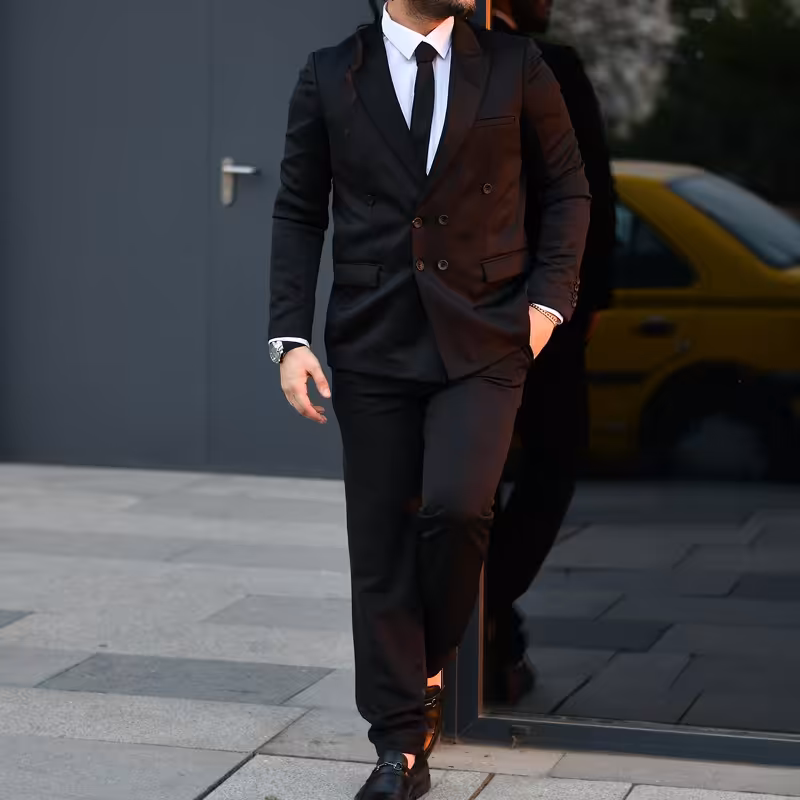 ست کت و شلوار مشکی جنس پارچه کاردین داخل آستر ساتن سایزبندی Mالی4XL معادل 46الی56