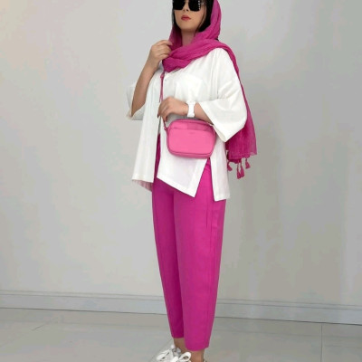 مانتو شلوار زنانه لنین پرنیانی مدل مانتو فری سایز از 38تا46رو ساپورت میکنه
