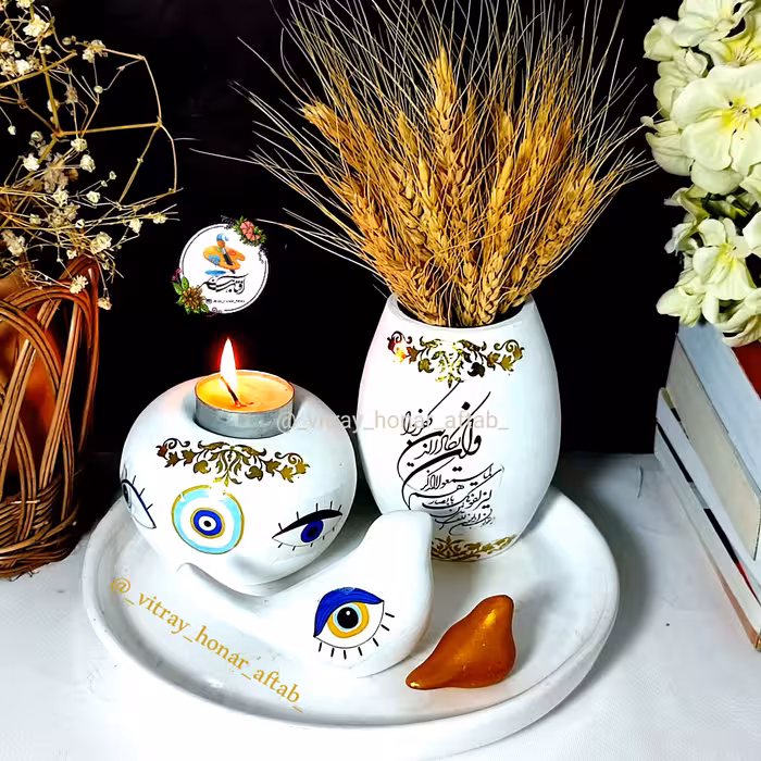 ظروف سفالی 5تیکه چشم نظر شامل جای گلدون وجای شمع وارمروگنجشک متوسط و گنجشک کوچک وسینی 