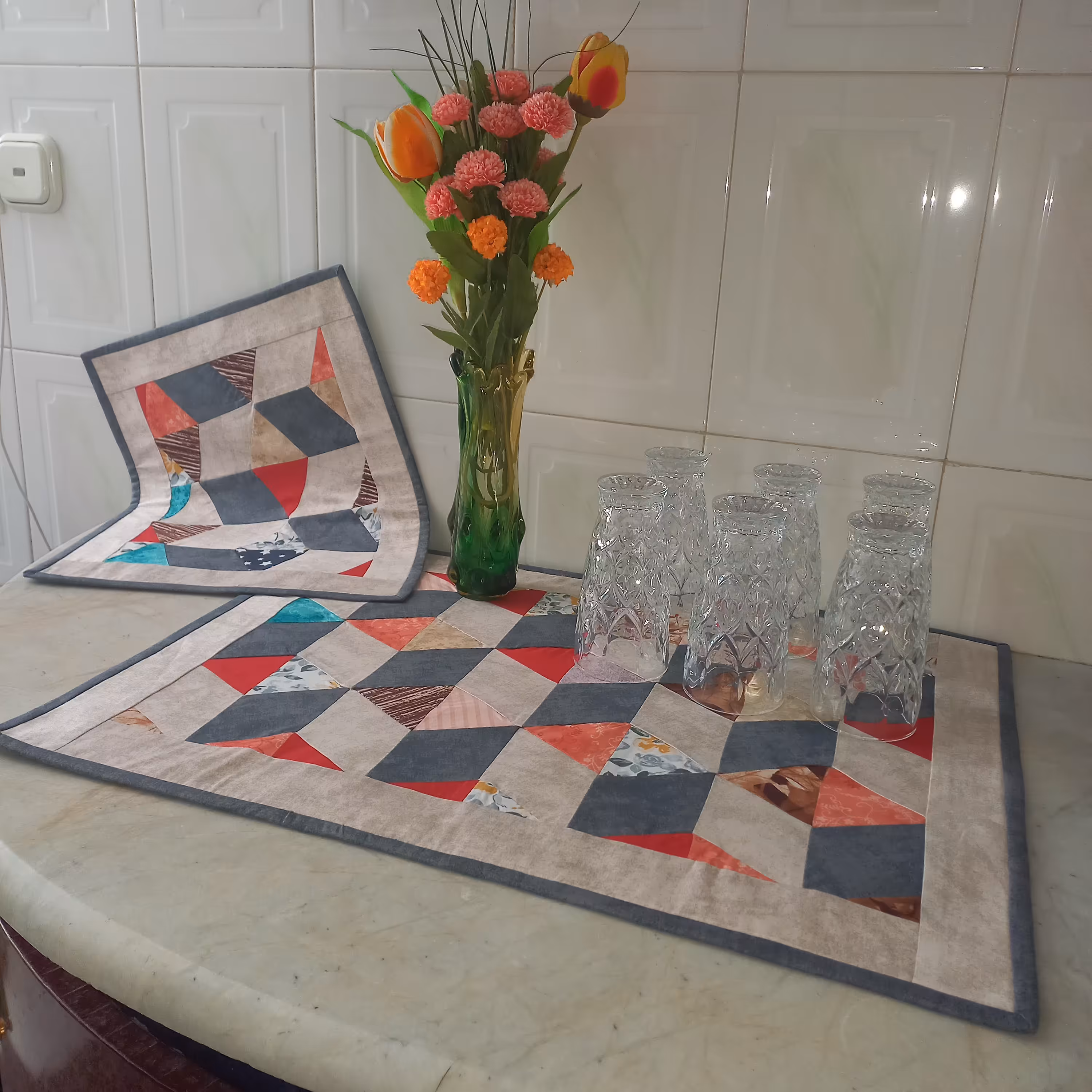 ست نمگیر و زیرقابلمه ای دو تیکه کتان نخ