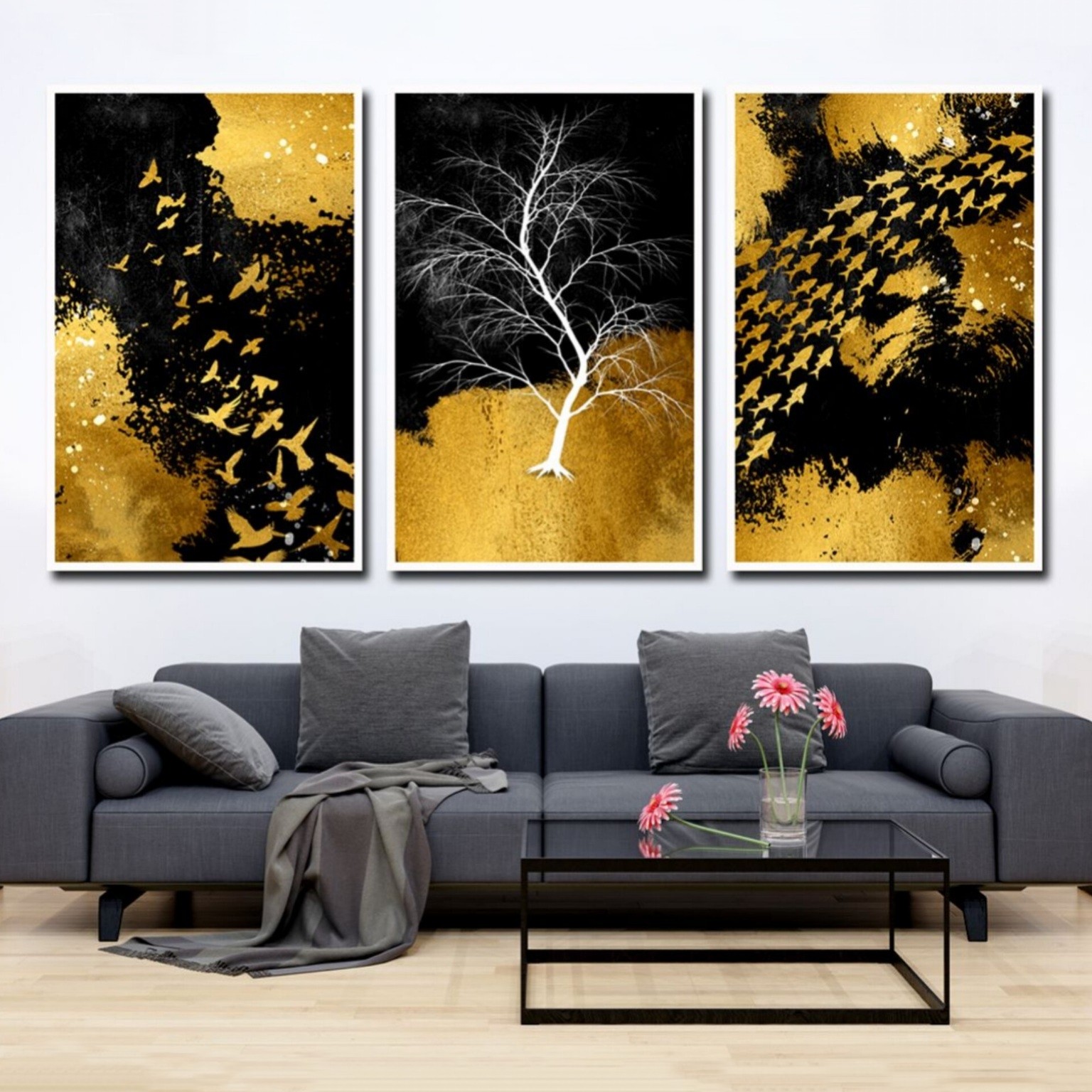 تابلو دکوراتیو 3تیکه شاخه های گل