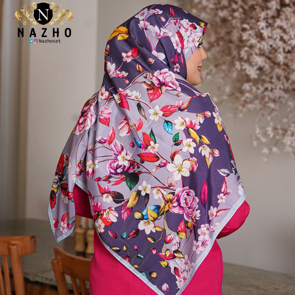 روسری نخی قواره 140 گل گلی رنگ یاسی