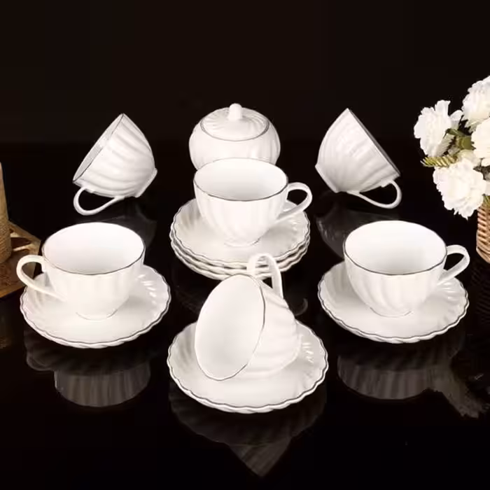 فنجون چای خوری 14 پارچه کارمن  سفید خط طلا لیمون 