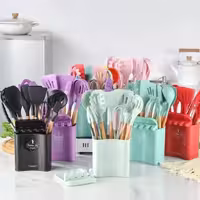 سرویس کفگیر و ملاقه 13 عددی سیلیکونی آشپزخانه برند کیچن ست در رنگهای مختلف 