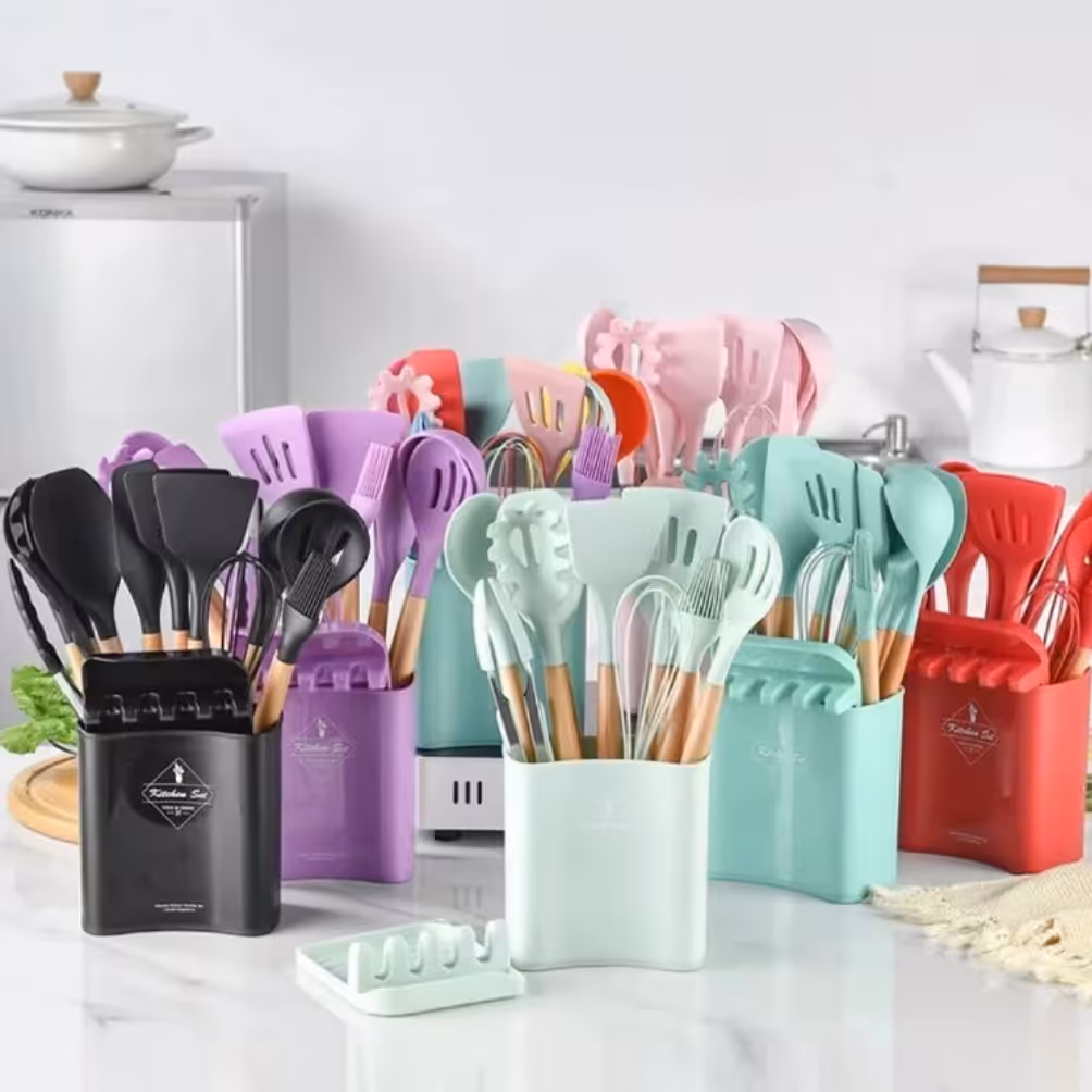 سرویس کفگیر و ملاقه 13 عددی سیلیکونی آشپزخانه برند کیچن ست در رنگهای مختلف 
