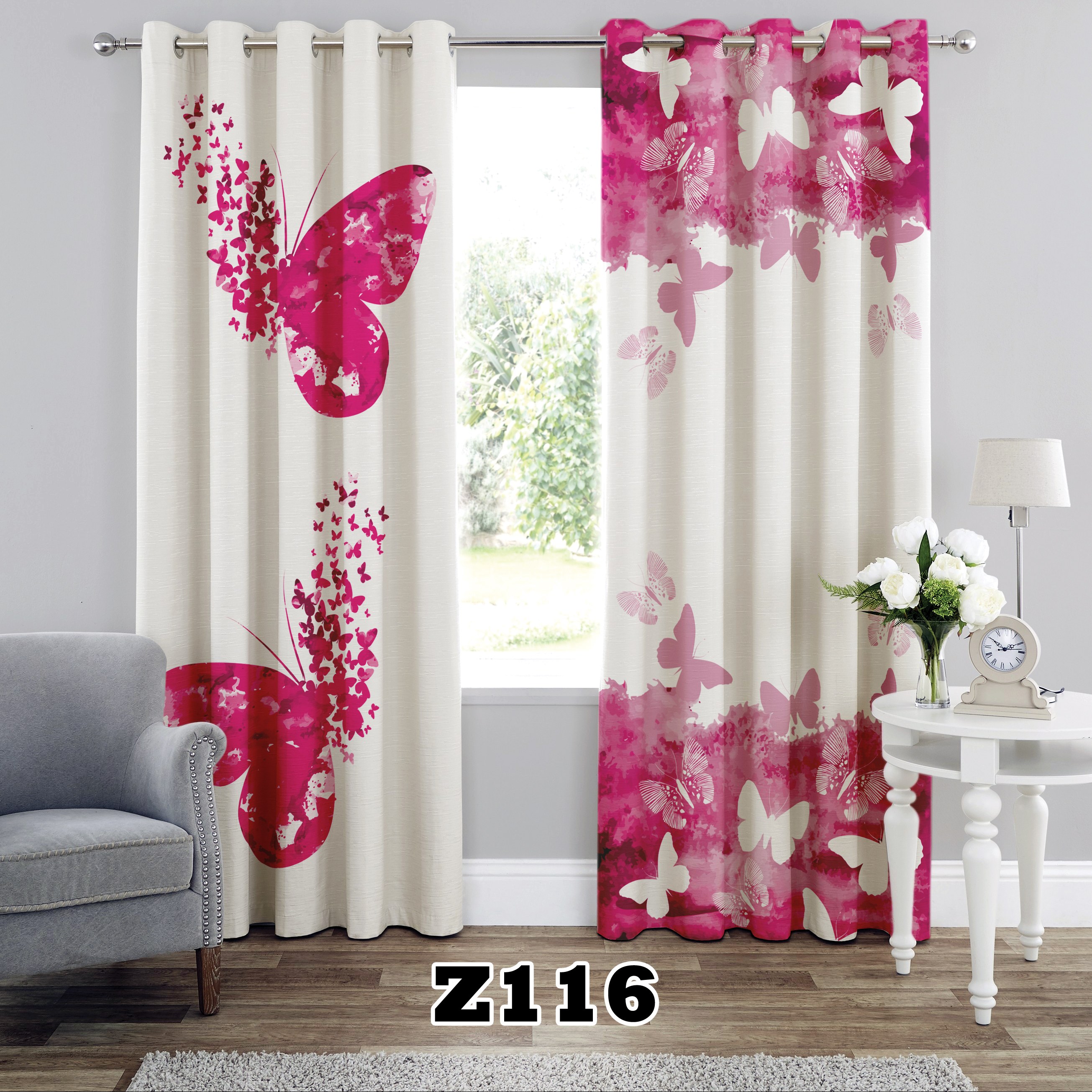 پرده چاپی طرح پروانه کد Z116 تک قواره ارتفاع 300 عرض 140 سانت