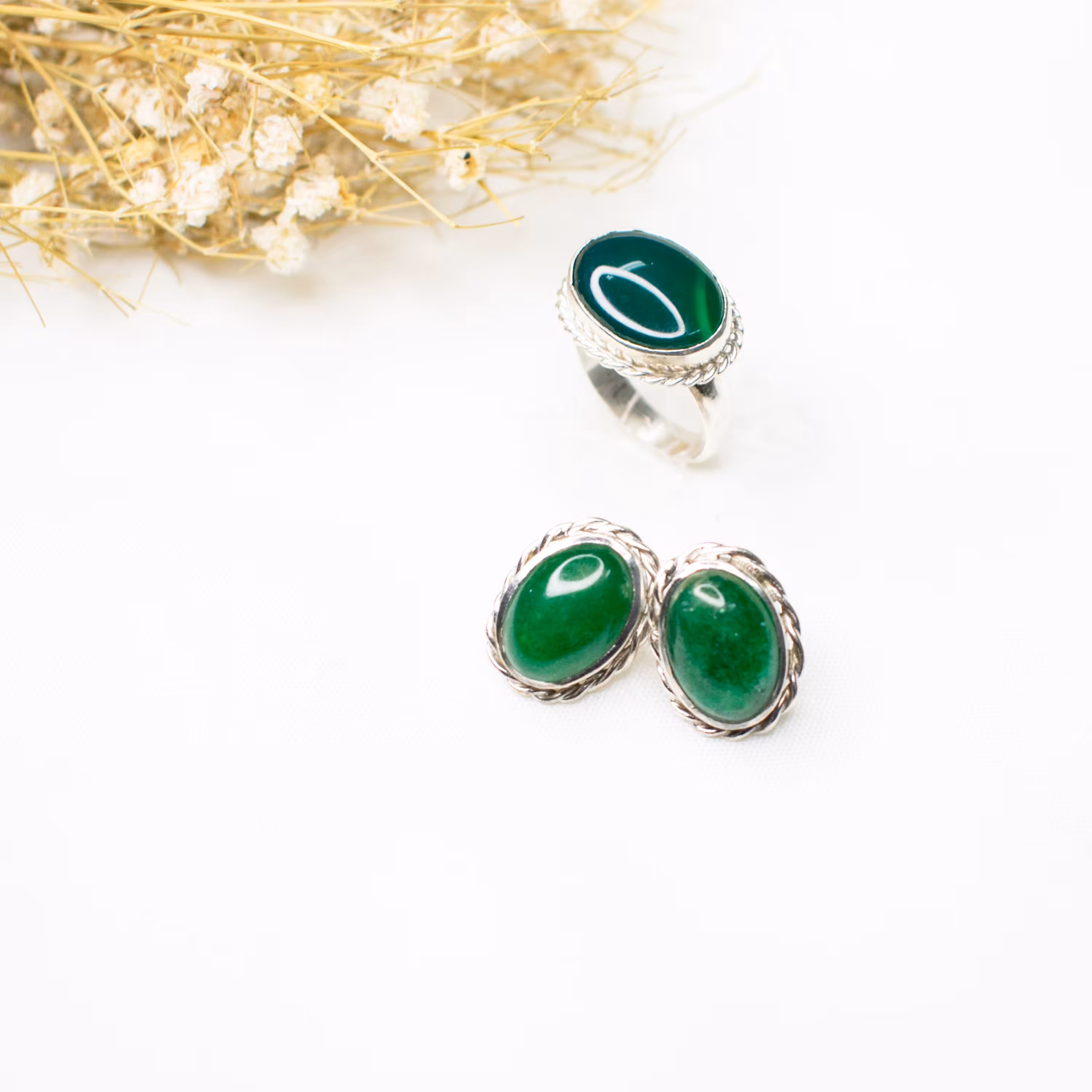 ست نقره زنانه با سنگ عقیق سبز معدنی عیار925 کد5719