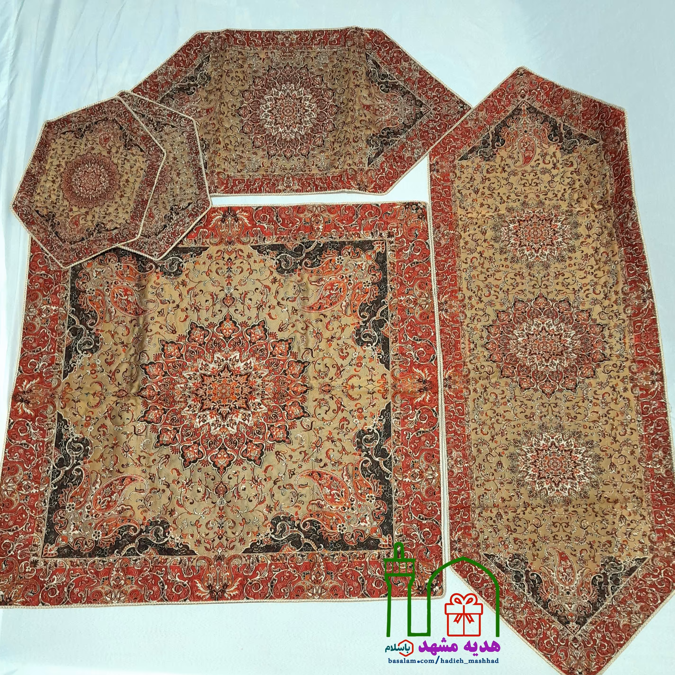 سرویس رومیزی ترمه سنتی 5 تکه خاتم رنگ کرم شکلاتی زرشکی ...