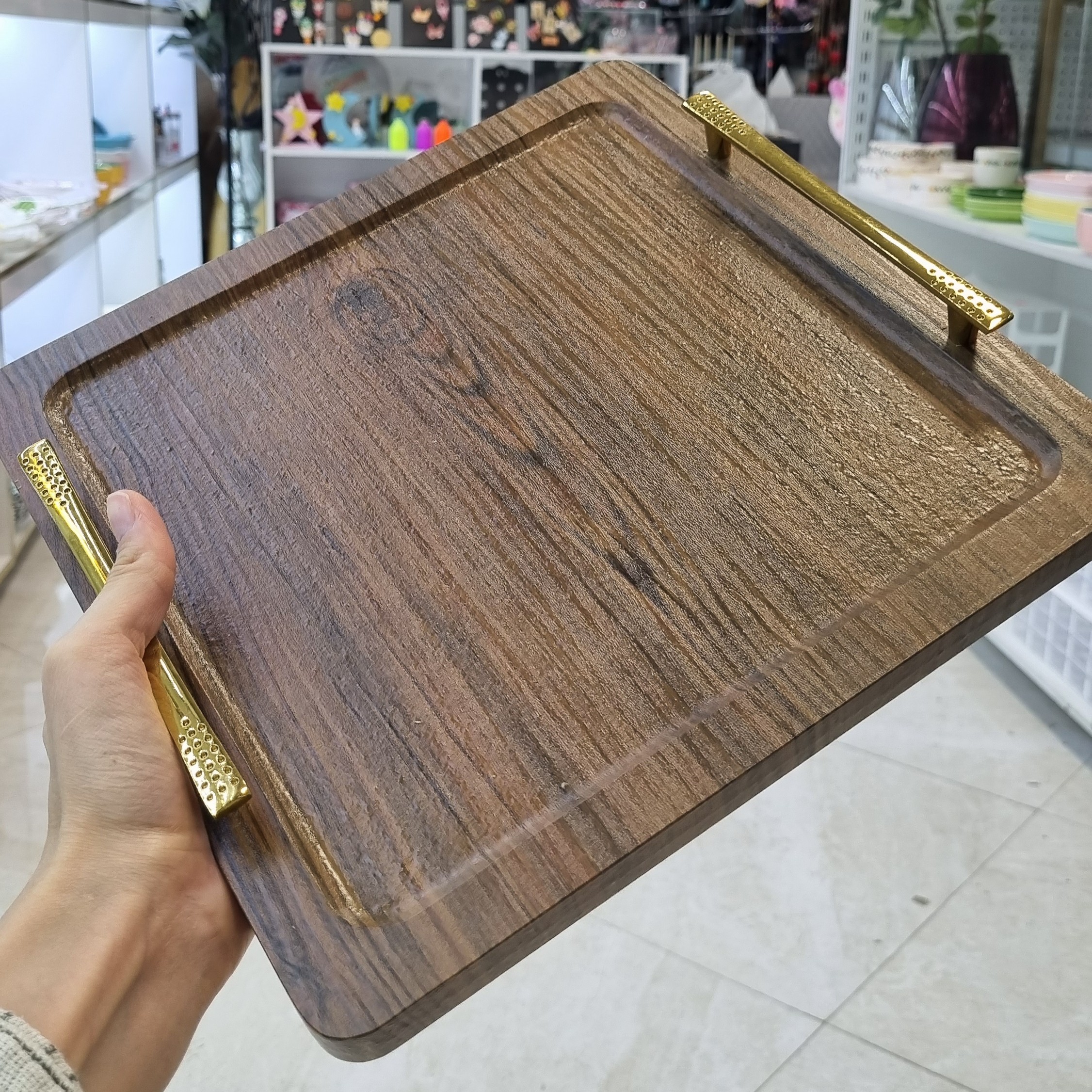 سینی دسته دار مربع طرح چوب