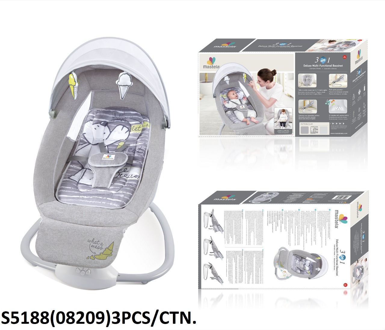 گهواره و تاب برقی ماستلا جدید 3کاره طوسی با قابلیت تنظیم جلوی پای نوزاد   mastela  3in1 new collection 2022