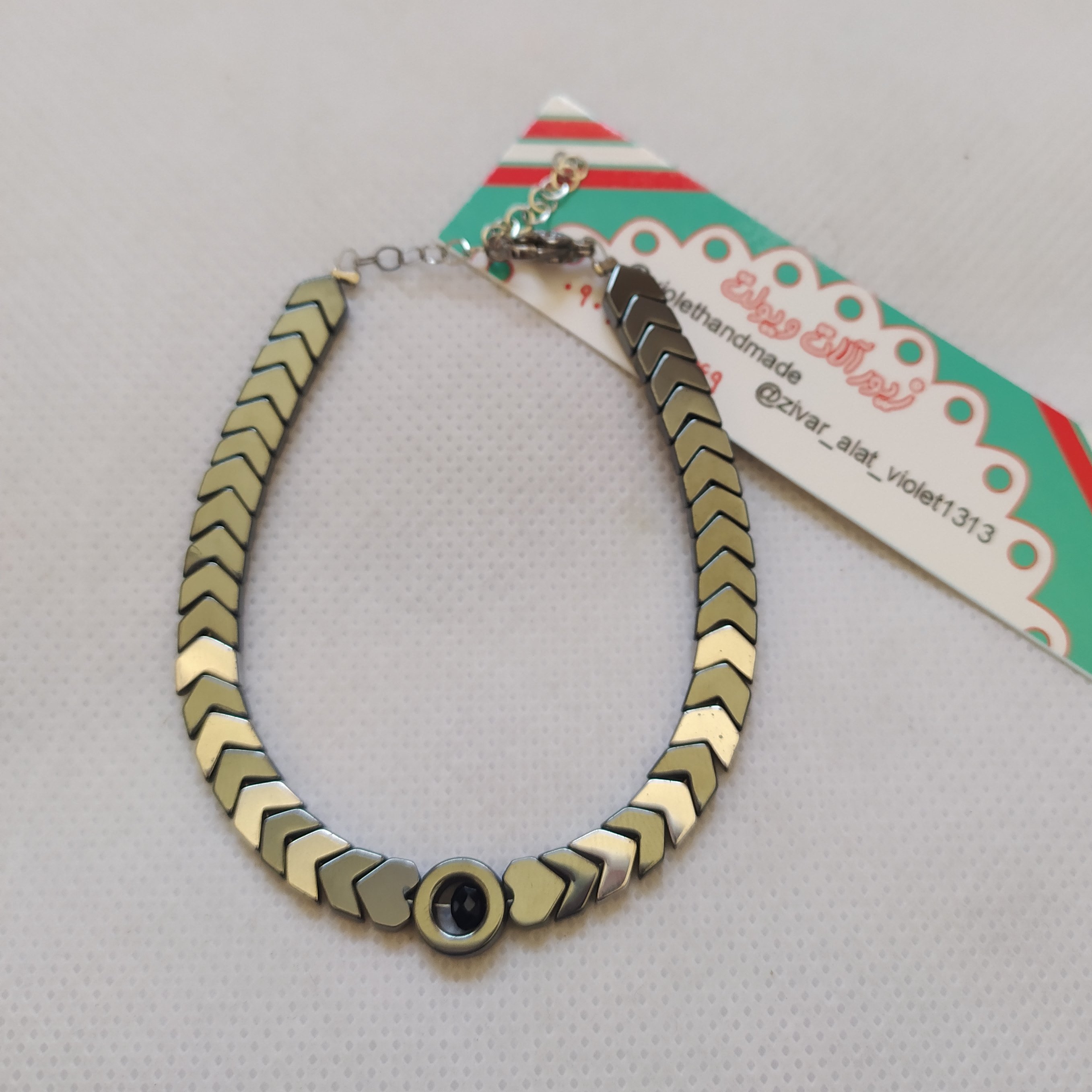 دستبند سنگ حدید دو رنگ نقره ای و دودی