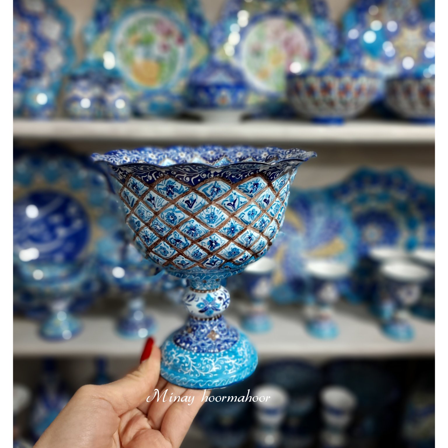 فالوده خوری پایه دار میناکاری رنگ فیروزه ای طرح قل ریز قطر دهانه ظرف 14 س