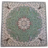 رومیزی مربع ترمه ابریشم کد TRM215 نفیس رنگ سبز آستر سبز تیره مغزی دوزی